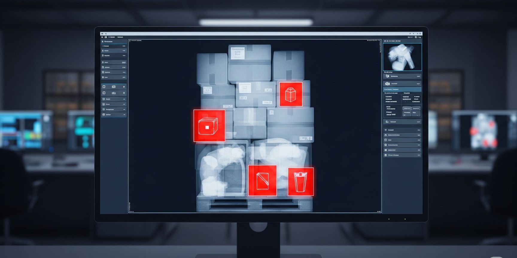 Ein Kontrollmonitor zeigt das detaillierte Röntgenbild einer Palette, wobei eine künstliche Intelligenz (KI) fehlerhafte Produkte zur Qualitätssicherung rot markiert.